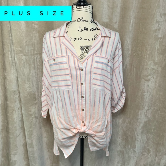 White Striped Button DownTunicTop 3/4 Sleeve Plus Size VINTAGE AMERICA 1X - Picture 2 of 16
